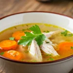 Steaming bowl of chicken soup with fresh herbs.