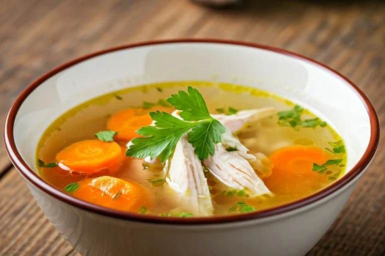 Steaming bowl of chicken soup with fresh herbs.