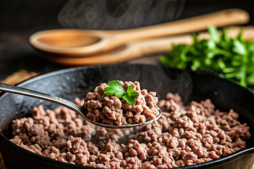 Cooked ground beef in a skillet with steam and fresh herbs.