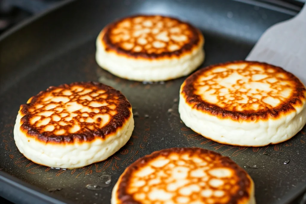 Cottage cheese pancakes cooking on a non-stick griddle.