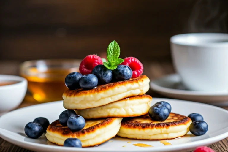 Fluffy cottage cheese pancakes with berries and syrup