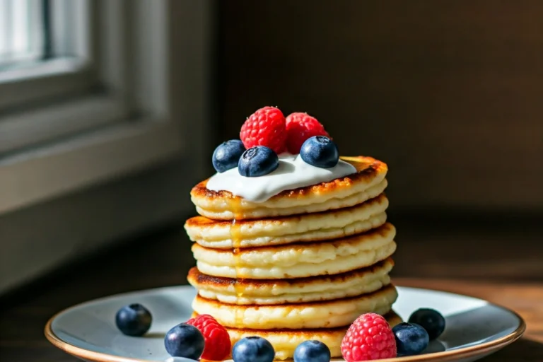 Stack of cottage cheese pancakes with berries and honey