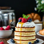 Stack of fluffy cottage cheese pancakes topped with berries and syrup.