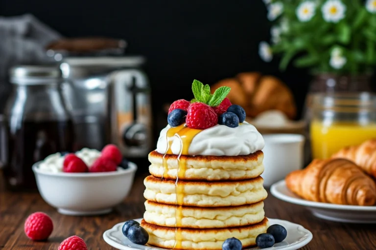 Stack of fluffy cottage cheese pancakes topped with berries and syrup.