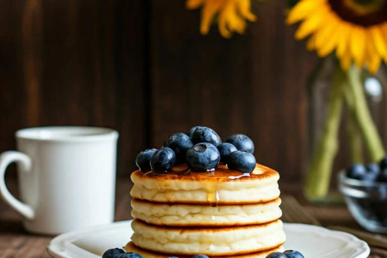 Golden-brown cottage cheese pancakes topped with blueberries and maple syrup.