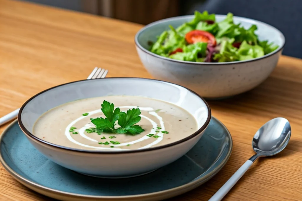 Dining table with cream of mushroom soup and salad.