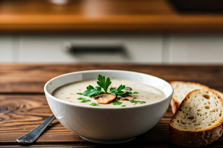 Cream of mushroom soup in a bowl with bread and parsley garnish.