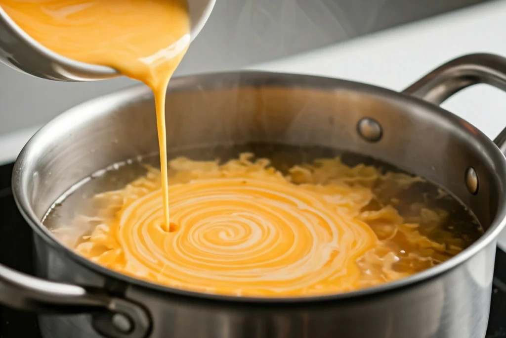 Making egg ribbons in a pot of simmering broth.