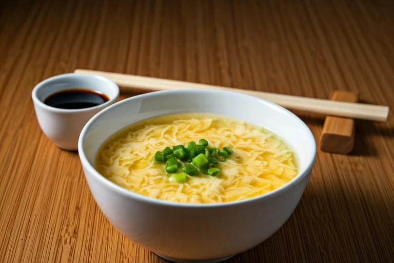 Traditional egg drop soup in a white bowl with green onions.