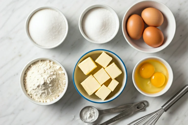 The five main cake ingredients displayed on a marble countertop.