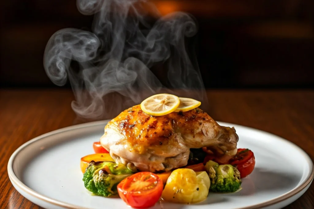 Cooked lemon garlic chicken served with roasted vegetables