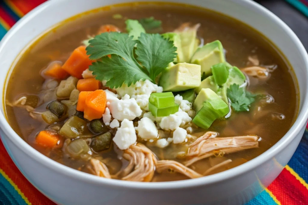 Close-up of chicken caldo with avocado and queso fresco on a colorful tablecloth.