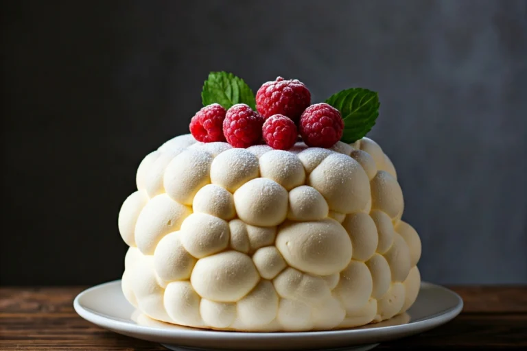 A delicately decorated cloud cake on a wooden table