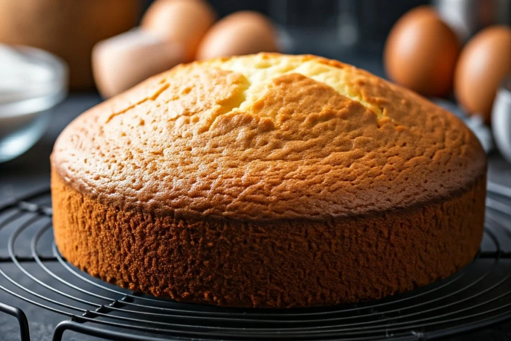 Freshly baked vanilla cake on a cooling rack with baking ingredients nearby.