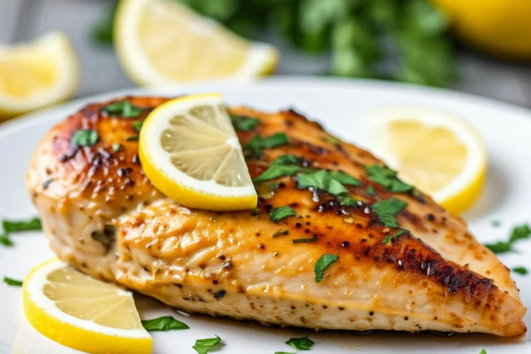 Close-up of juicy lemon garlic chicken with fresh lemon slices