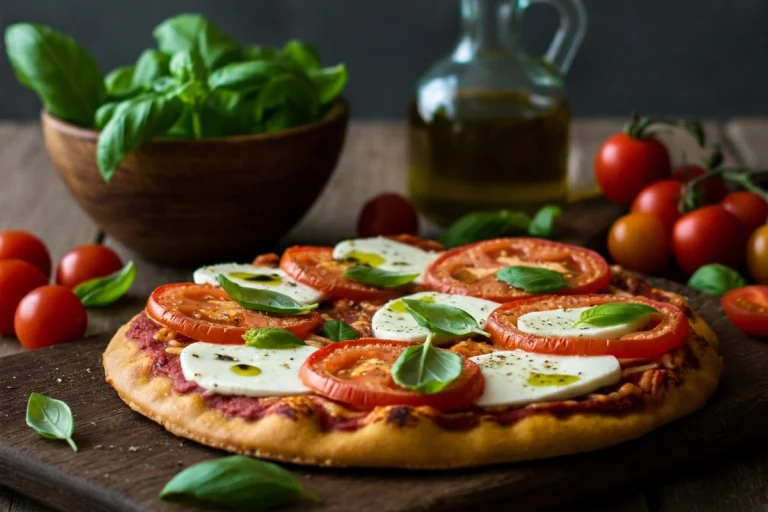 Vegan caprese pizza topped with fresh basil and tomatoes.