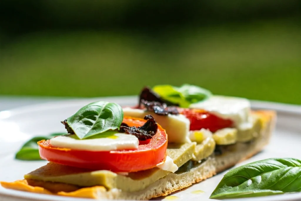 Vegan caprese pizza served with salad and sparkling water.