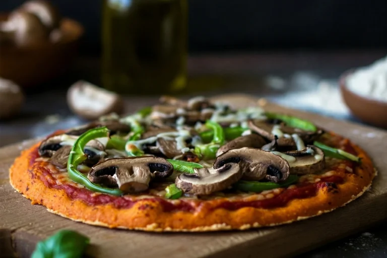 Freshly baked vegan pizza with vibrant toppings and golden crust.