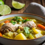 Steaming bowl of caldo de pollo with vegetables and chicken