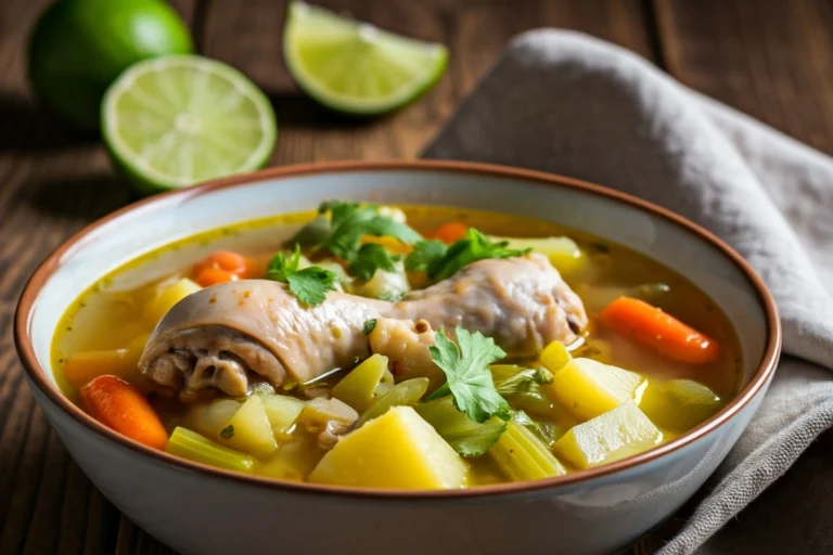 Steaming bowl of caldo de pollo with vegetables and chicken