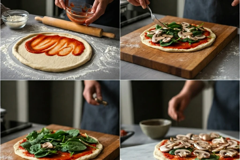 Vegan pizza-making process step-by-step