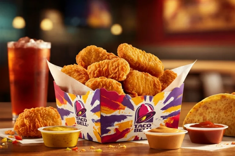 Taco Bell chicken nuggets served in a branded box with dipping sauces