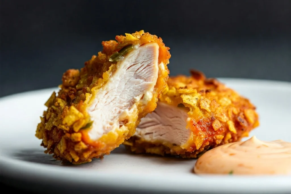 Close-up of a Taco Bell chicken nugget with jalapeno buttermilk marinade