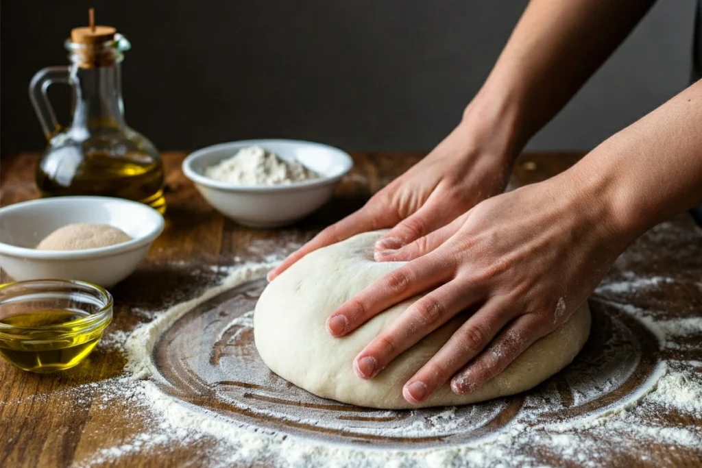 Hands kneading vegan pizza dough with ingredients on a rustic table.