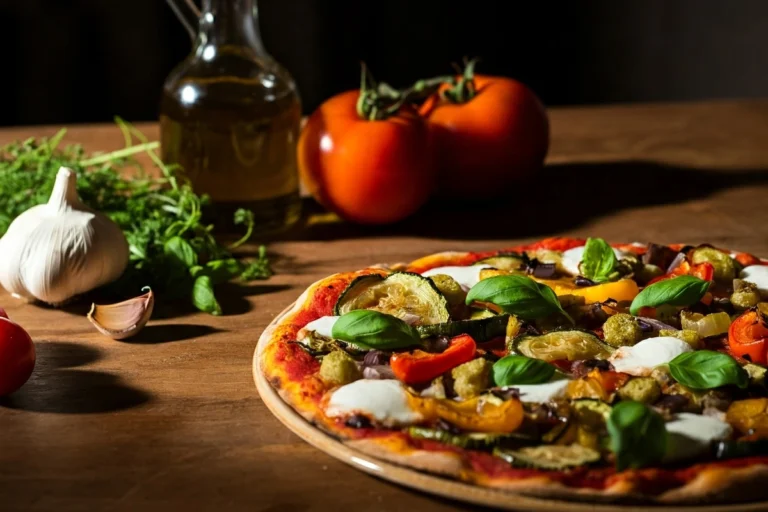 Freshly baked vegan pizza with vegetables and basil