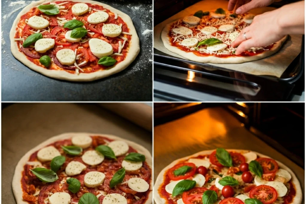 Steps for making vegan caprese pizza.