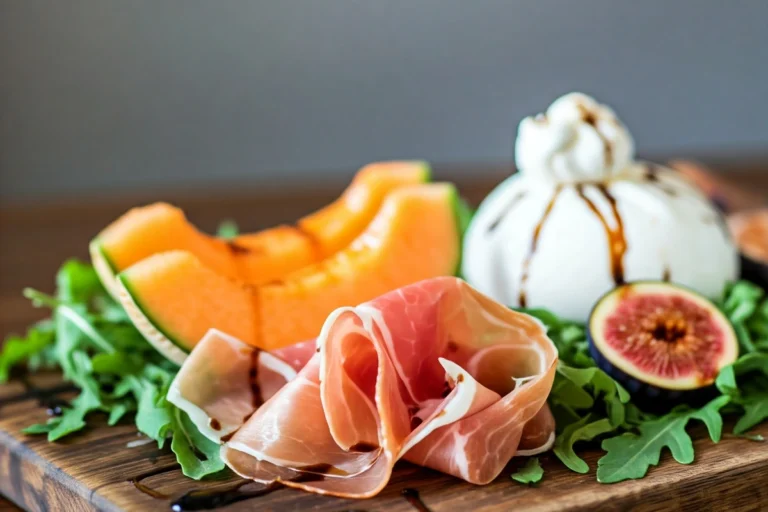 Charcuterie board with prosciutto, melon, and figs