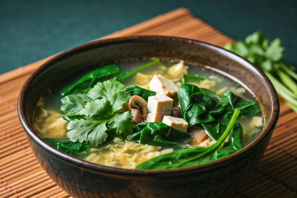 Healthy egg drop soup with spinach, mushrooms, and tofu.