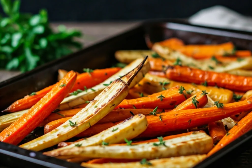 Roasted root vegetables on a baking tray with fresh herbs.