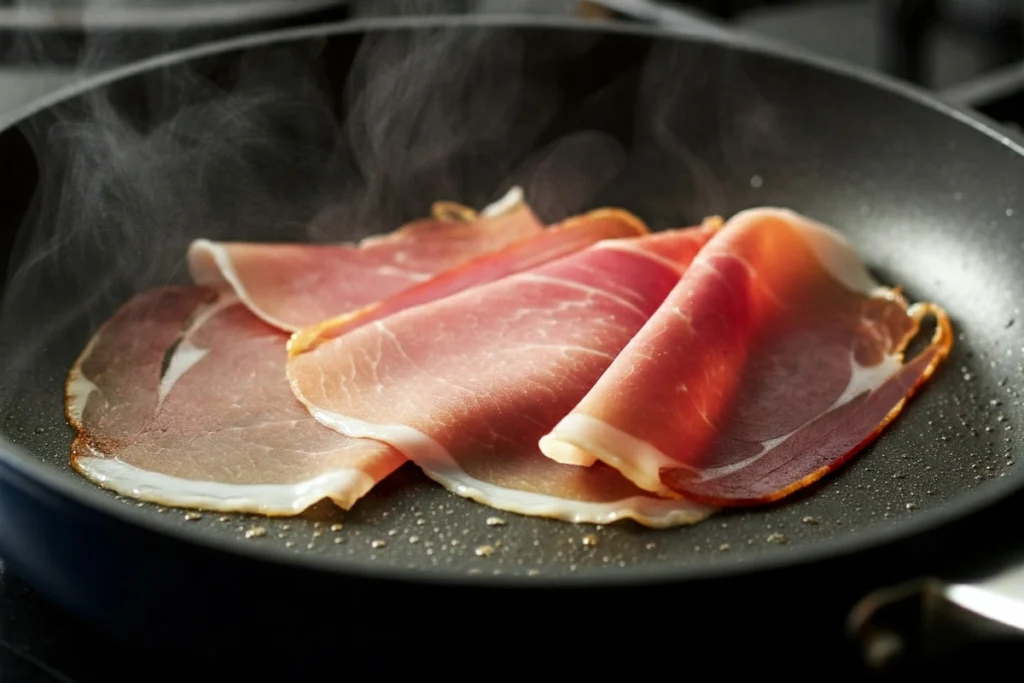 Cooking prosciutto slices in a frying pan