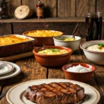 Rustic dining table with John Wayne’s favorite foods