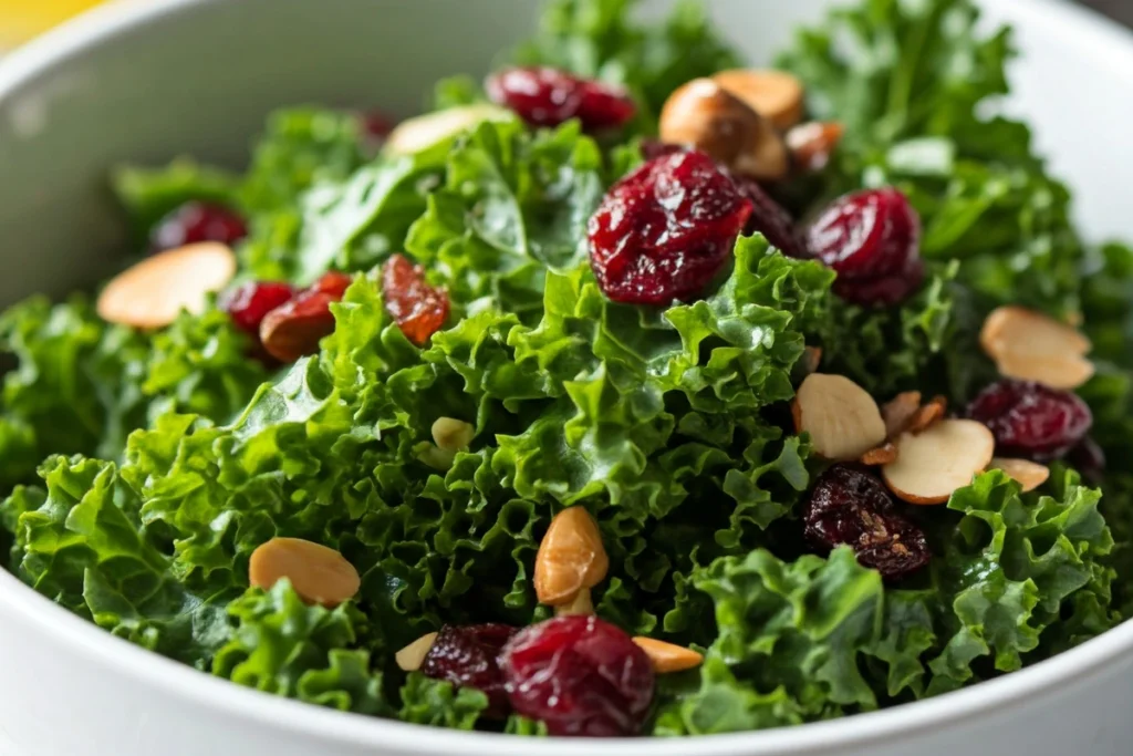 Kale salad with cranberries and almonds in a white bowl.