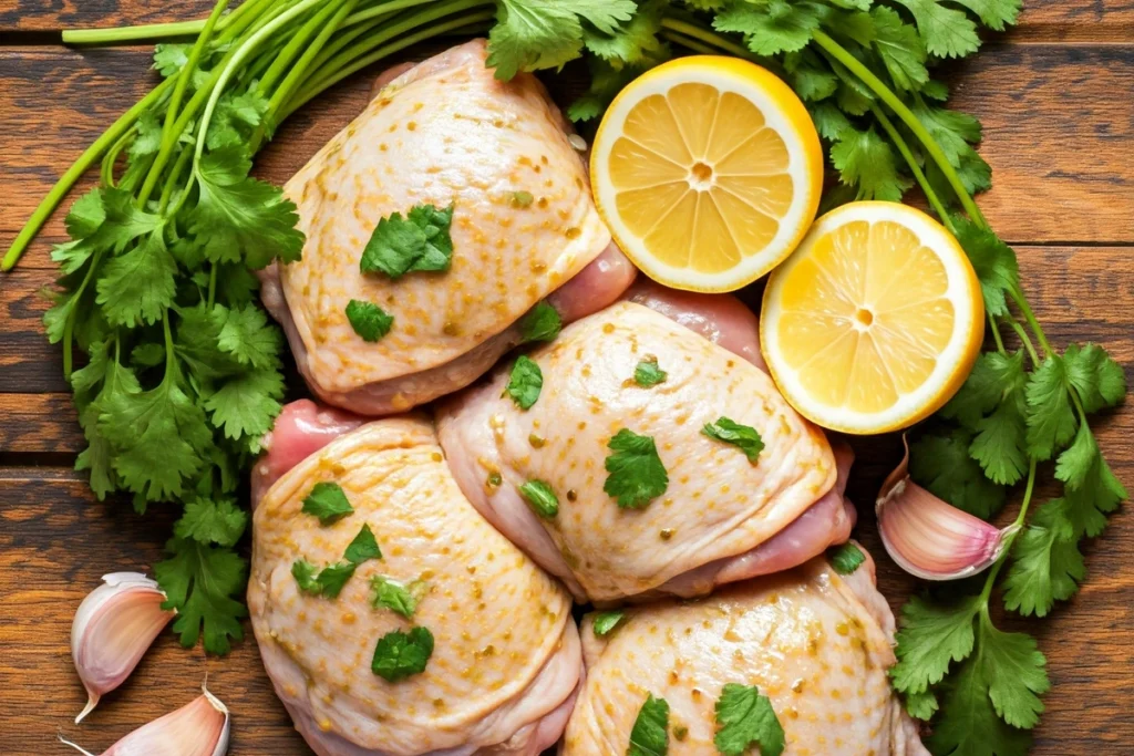 Raw chicken marinating in lemon garlic sauce