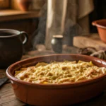 Rustic kitchen with a steaming casserole dish inspired by medieval recipes.