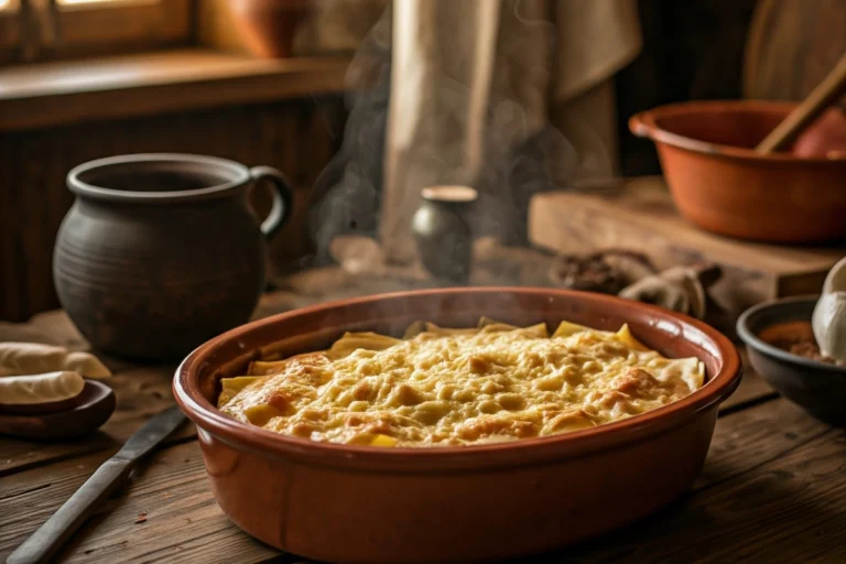 Rustic kitchen with a steaming casserole dish inspired by medieval recipes.