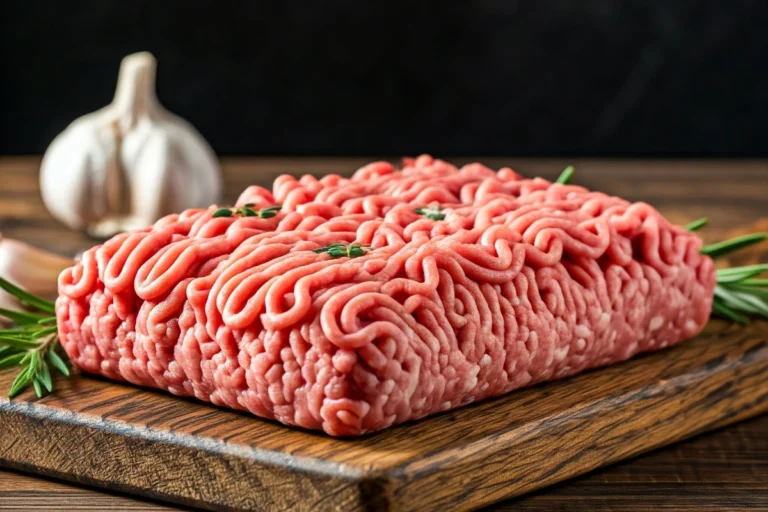 Raw ground beef on a wooden cutting board with herbs and garlic.