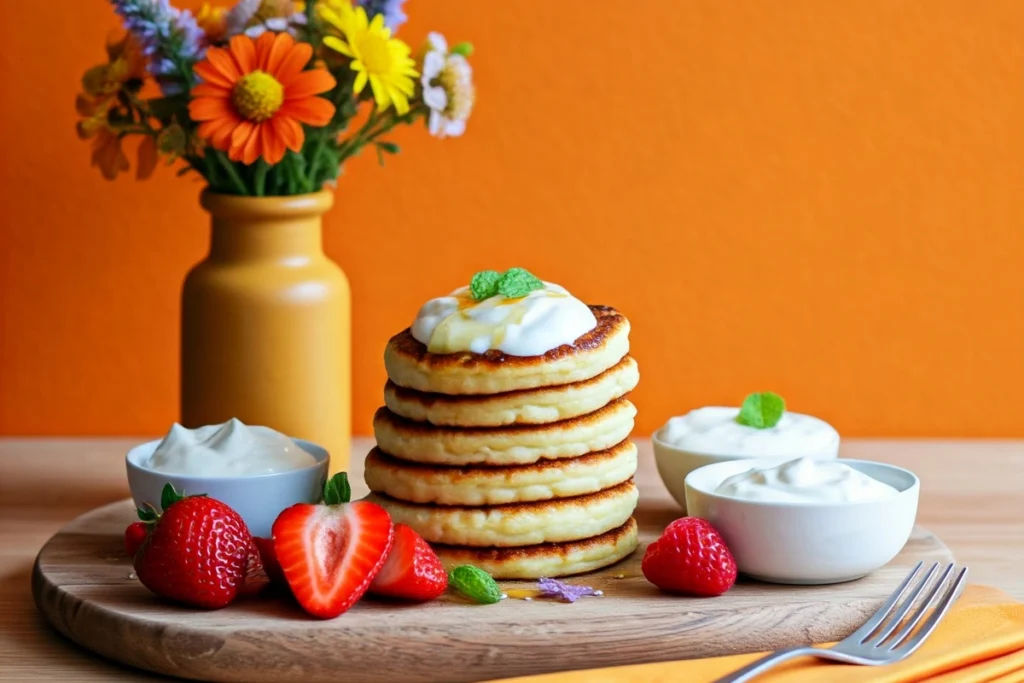 Pancake board with toppings and fresh fruits