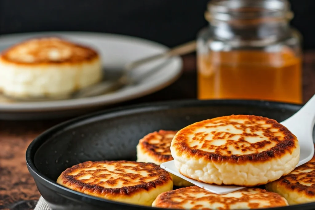 Cooking cottage cheese pancakes in a skillet