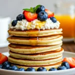 Stack of pancakes with cottage cheese and maple syrup.