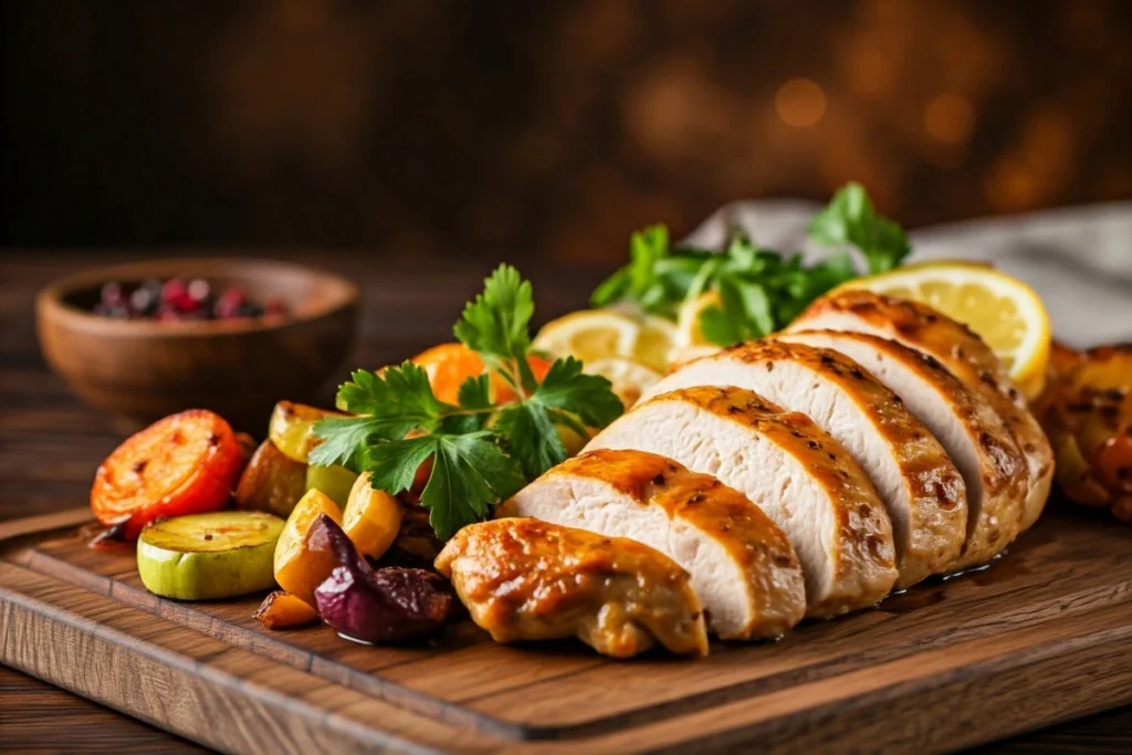 Sliced lemon garlic chicken with roasted vegetables