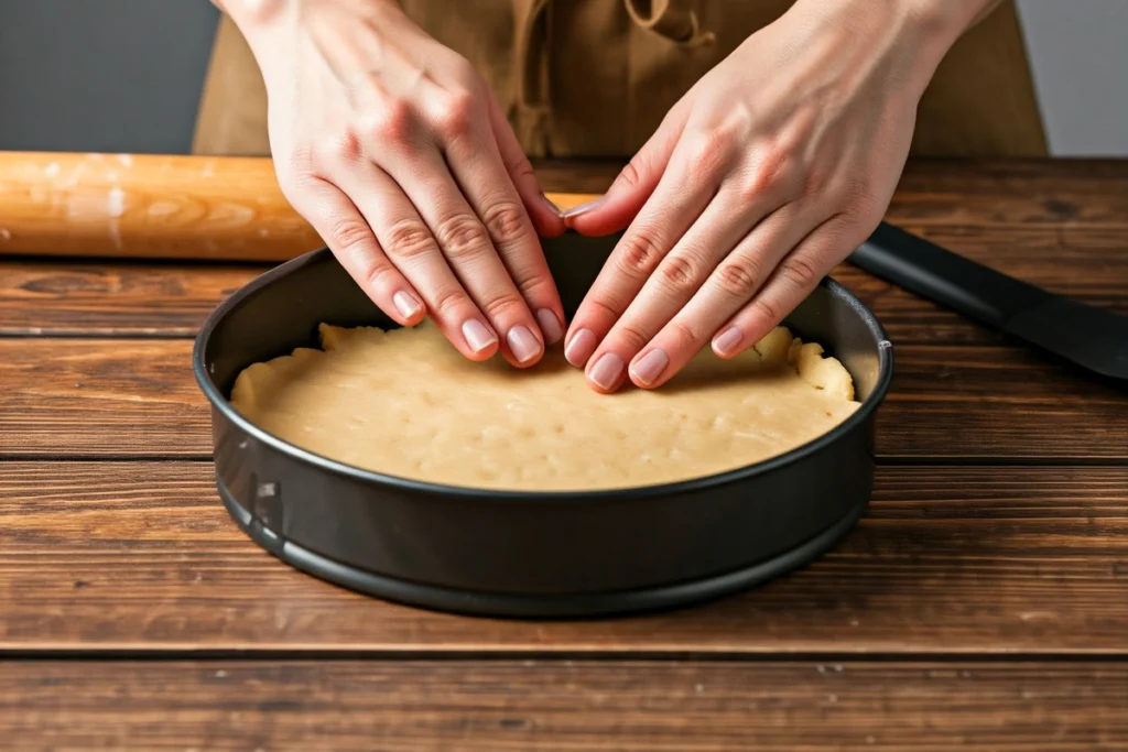 Sugar cookie dough being pressed into a springform pan.