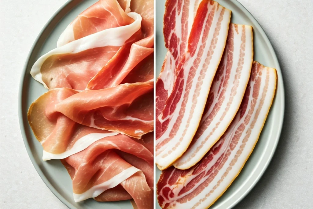 Plate with labeled portions of prosciutto and bacon showing calories, fat, sodium, and protein values.