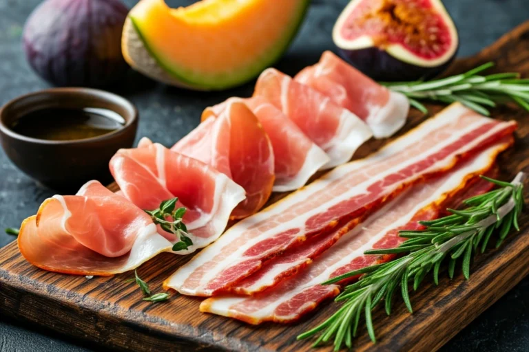 Prosciutto slices and crispy bacon side by side on a wooden board with fresh herbs and fruits.