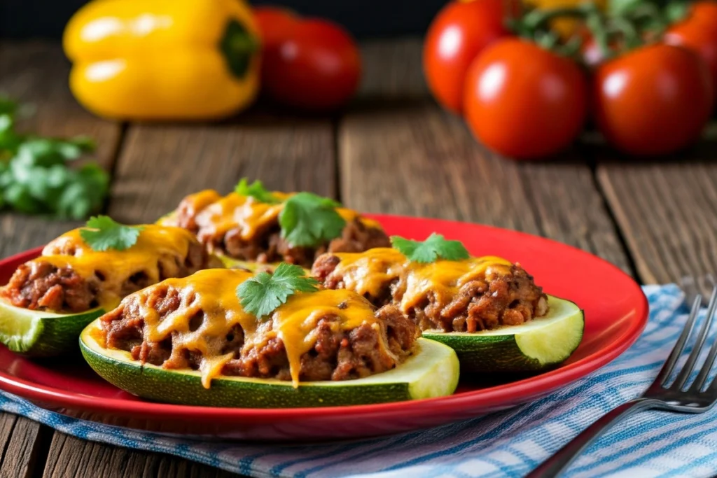 Stuffed zucchini boats filled with lean ground beef and garnished with fresh herbs.