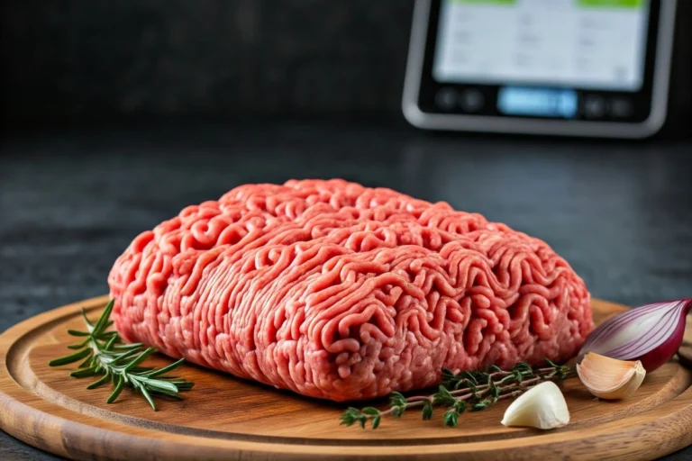 Raw ground beef on a wooden cutting board with herbs and garlic.