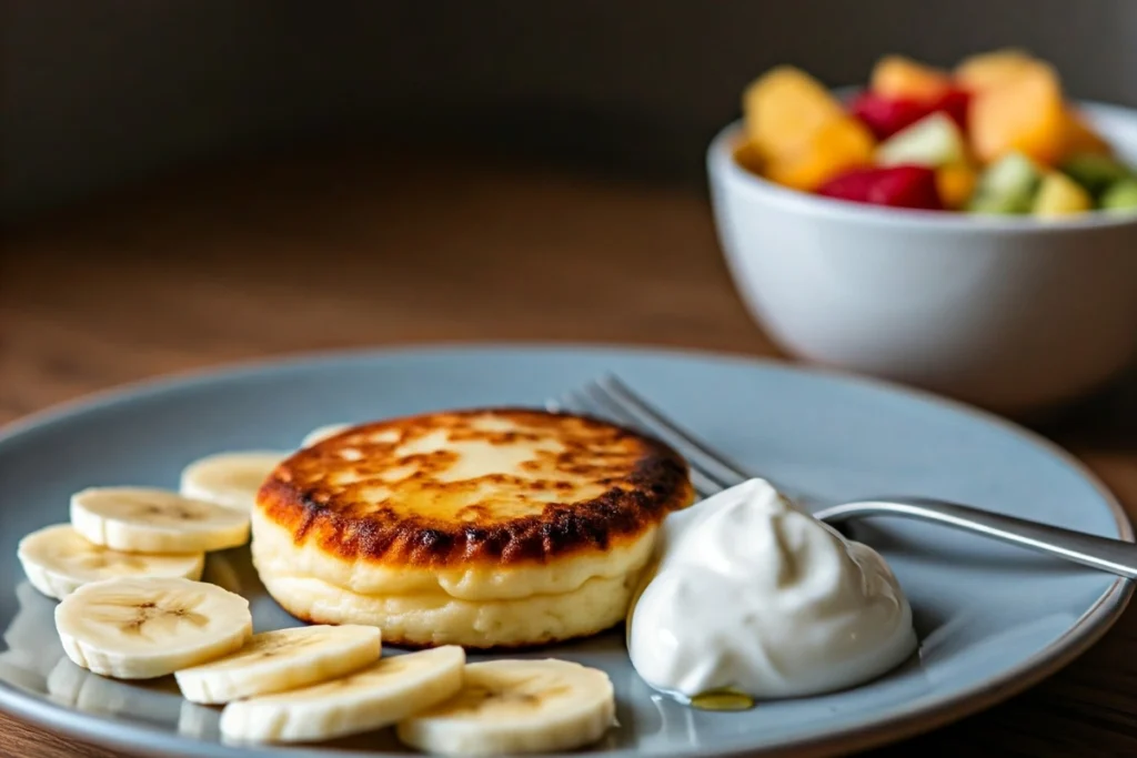 Reheated cottage cheese pancake served with bananas and yogurt.